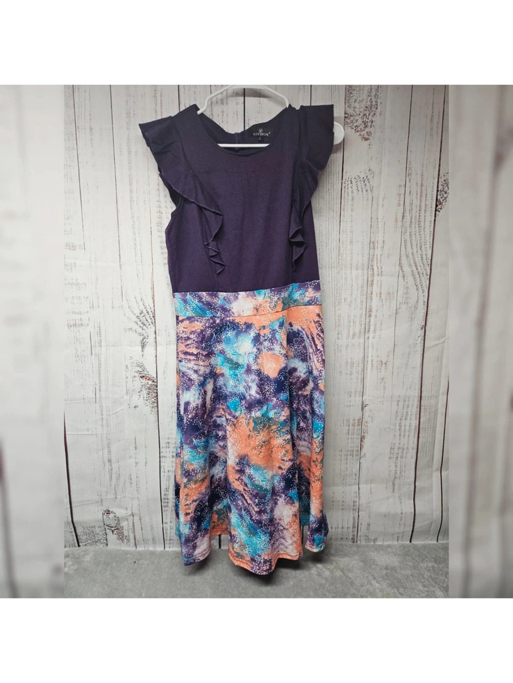 Violet Ruffle Midi Dress with Multi-Color Printed Skirt